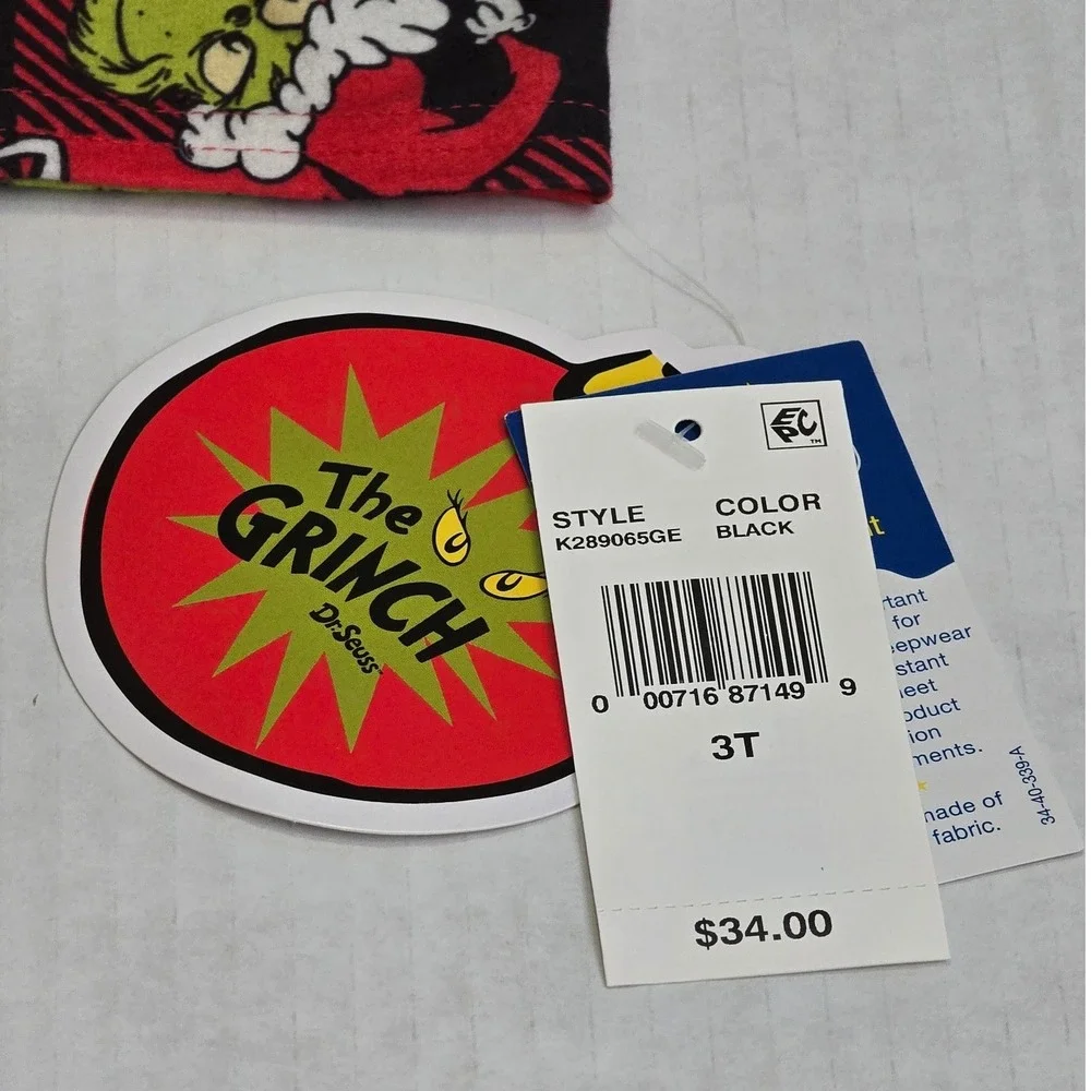 Dr. Seuss The Grinch Kids 3T Pajama Set Red Black Buffalo Plaid  NEW